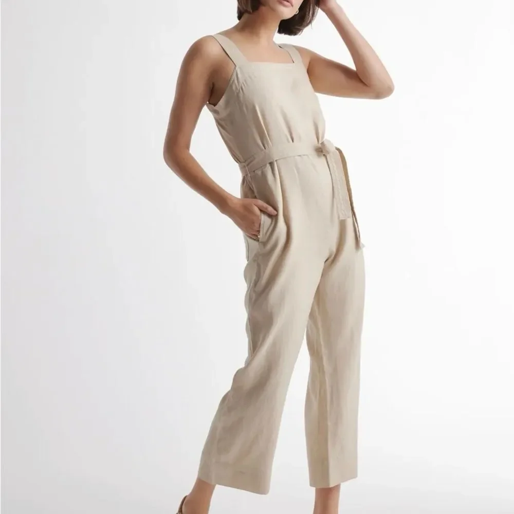 Quince women’s large 100% European linen square neck jumpsuit driftwood new